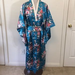 Japanese Kimono Lg Robe Blue Floral One Size